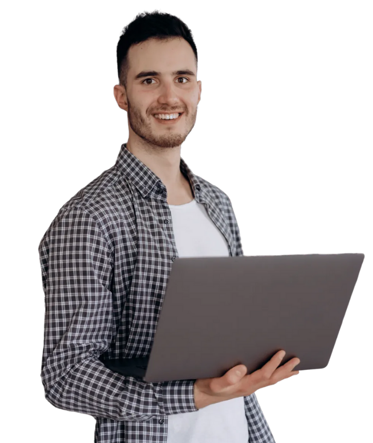 Professional using a laptop for online assessments and language skill evaluation